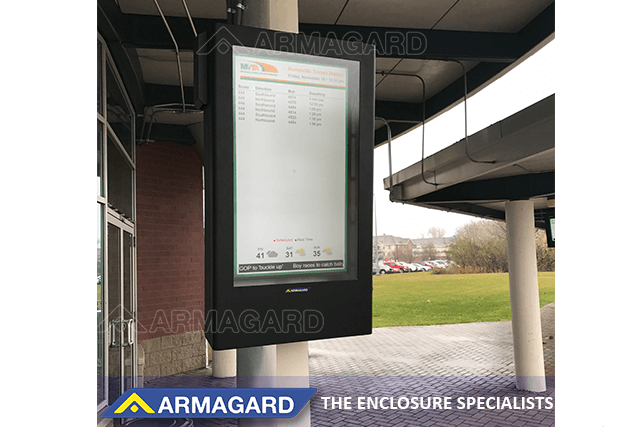 Portrait outdoor bus stop digital signage at a station in the USA