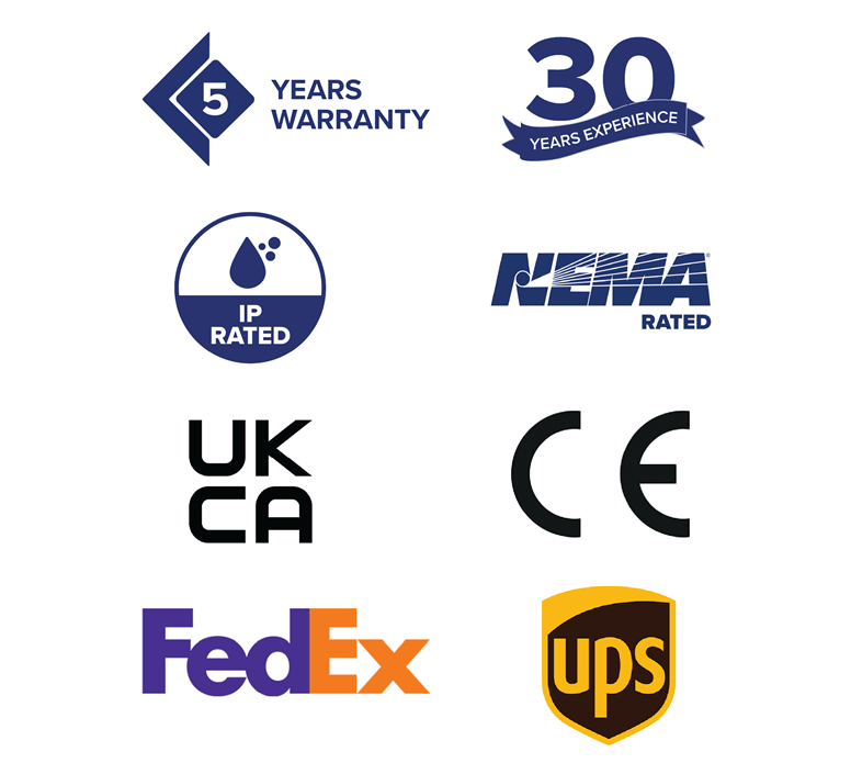 Icons for assurances, accreditations, and shipping for Armagard Ltd