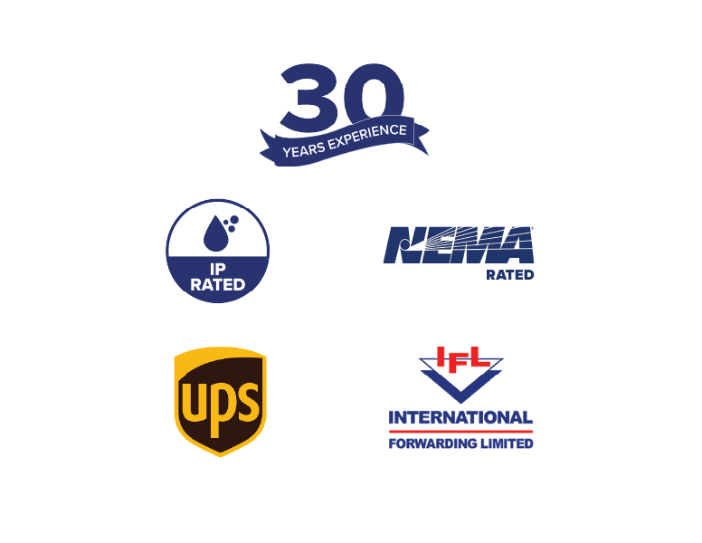 Icons for assurances, accreditations, and shipping for Armagard Ltd