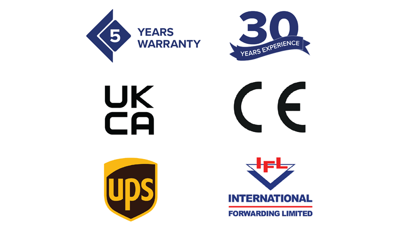 Icons for assurances, accreditations, and shipping for Armagard Ltd