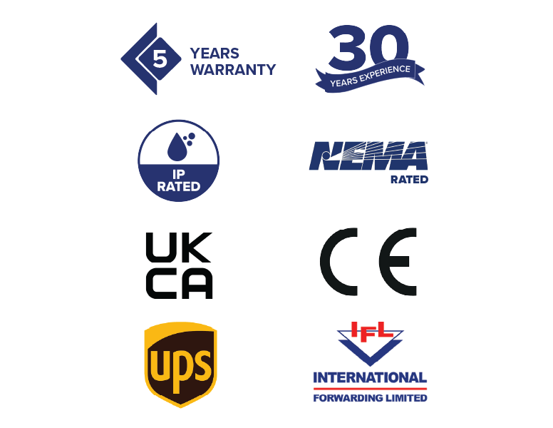 Icons for assurances, accreditations, and shipping for Armagard Ltd