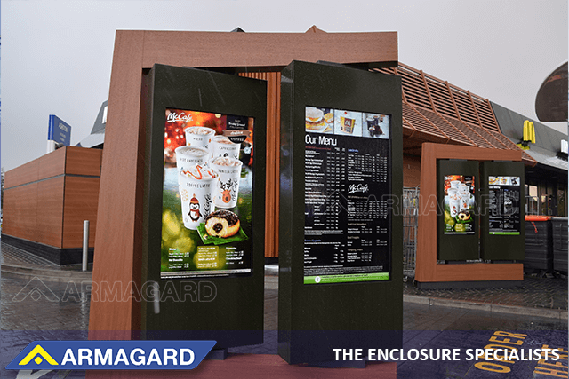 Portrait outdoor digital menu board enclosures at McDonald's
