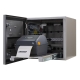 Open with tray extended tray and Zebra ZD421, right facing desktop thermal printer cabinet