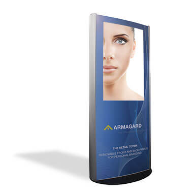 brushed aluminium Indoor Advertising Display retail totem branded for Armagard on a white background with a shadow