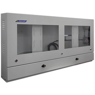 IP54 rated dual monitor dustproof workstation enclosure protects both displays and computer enclosed from dust and debris