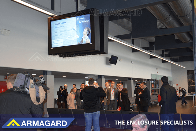 Landscape weatherproof airport digital signage installed from a ceiling
