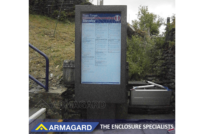 Landscape enclosure for outdoor train station digital signage