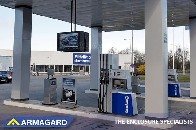 Outdoor TV enclosure installed from a petrol station canopy