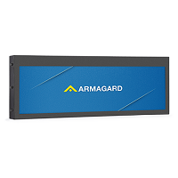 Outdoor weatherproof ultra-wide stretched display enclosure front-right view