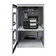A open printer enclosure with Zebra ZT411 and open door