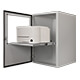 A printer enclosure with office laser printer on extended sliding drawer