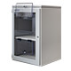 A printer enclosure with two retrieval widows, one open and one closed