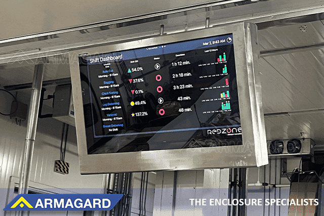 Manufacturing KPI dashboard enclosure installed on factory floor