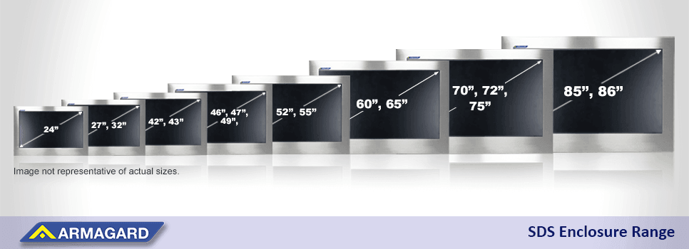 Sizes for Armagard's SDS food manufacturing digital signage cabinet range