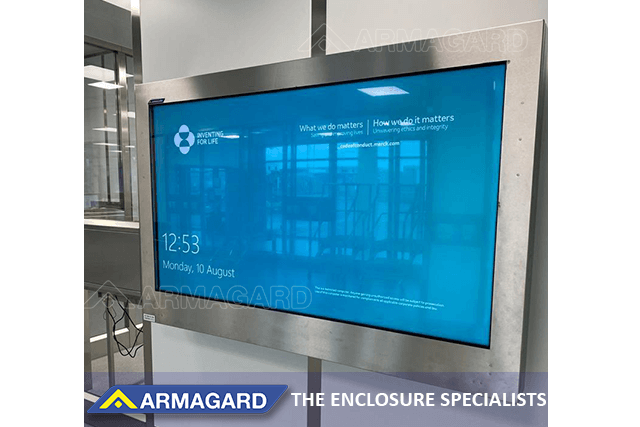 A 75 inch stainless-steel TV enclosure with five-year warranty