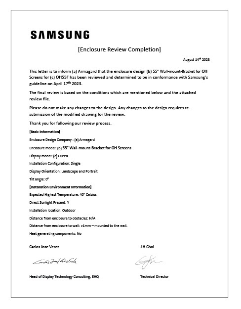 Samsung OH55F design certificate for Armagard’s display wall mount bracket