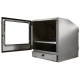 Open, right facing stainless steel PC enclosure with keyboard drawer open