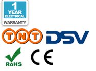 1 year warranty, TNT delivery, DSV delivery, CE, and RoHS logos