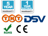 5 year warranty, TNT delivery, DSV delivery, CE, and RoHS logos