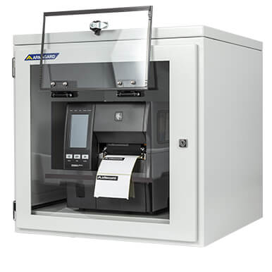 Mild-steel Zebra ZT600 dust free printer cabinet with an industrial printer installed