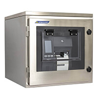Front-left view of the Zebra ZT620 cleanroom printer enclosure for washdown locations