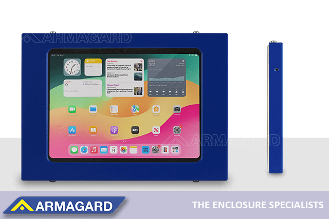 Front and side view of the Armagard tablet enclosure