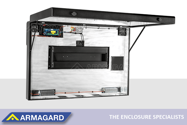 Open portrait LCD enclosure for TV screen protection in industrial locations