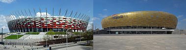 composite image of the striking National stadium and PGE Arenas