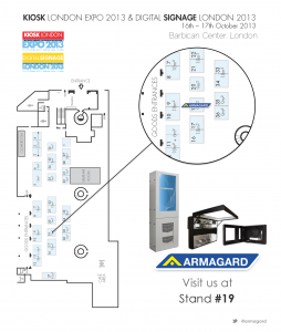 A diagram of how to find armagard at stand 19 of the Digital Signage London Expo