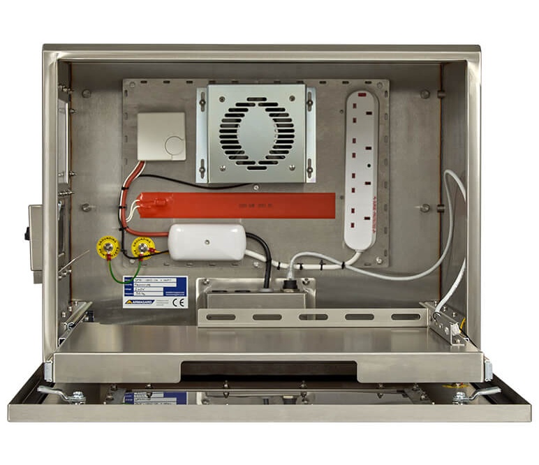 Armagard SPRI-200Z printer enclosure with internal fan, surge-protected sockets and optional heater