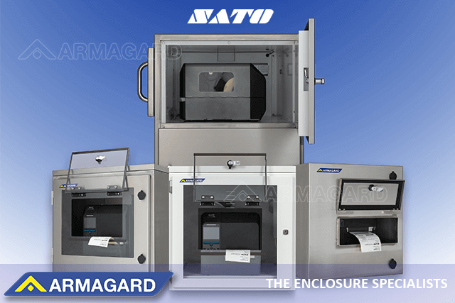 SATO industrial printer enclosures let you print 24/7 in harsh environments. Four Armagard SATO industrial printer enclosures.
