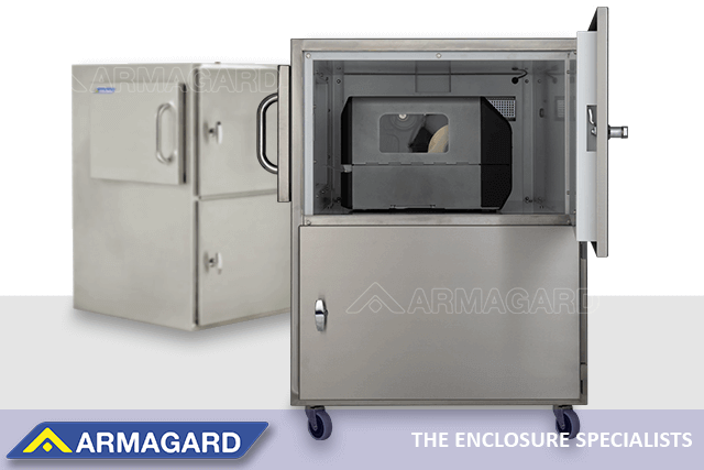 A heated printer enclosure lets you use a SATO industrial printer down to -30°C. SATO industrial printer in a stainless-steel heated printer enclosure.