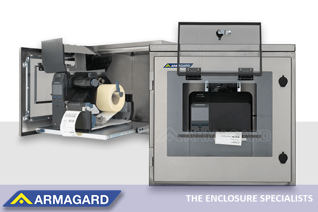 SATO industrial printer enclosures maximise printer reliability and longevity. Open and front view of an IP65 enclosure for a SATO industrial printer.