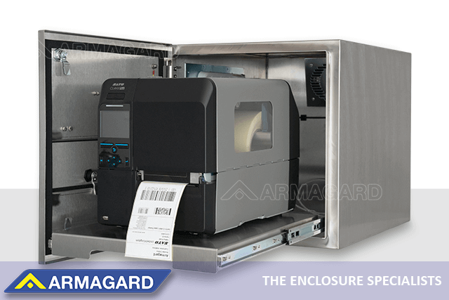 A waterproof printer enclosure protects a CL4NX SATO industrial printer from washdown and damage. A CL4NX SATO industrial printer in a waterproof printer enclosure.
